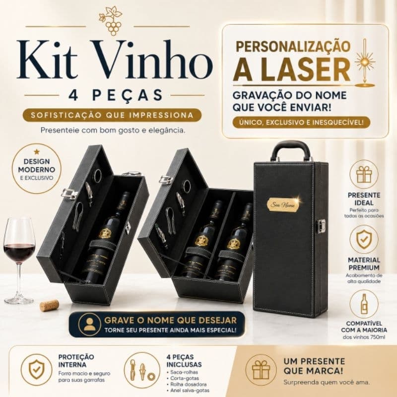 Kit vinho personalizado 4 peças em maleta de couro sintético