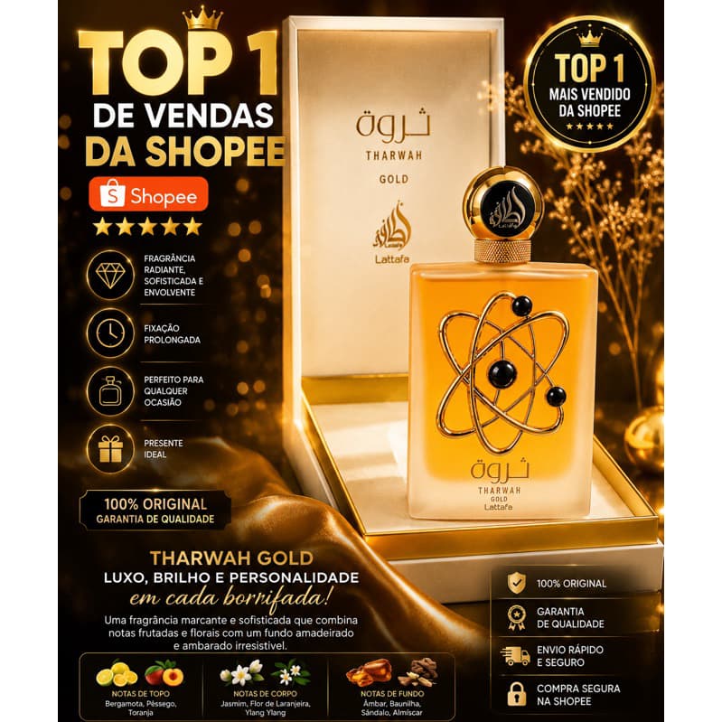 Perfume Tharwah Gold Lattafa 100ml Elegância e Sofisticação/ Perfume feminino árabe original