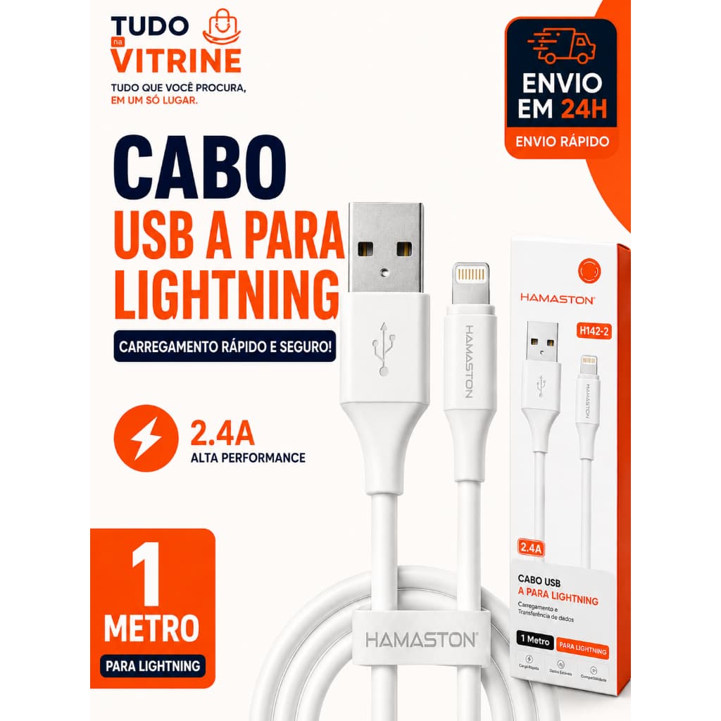 Cabo USB para Lightning 4.8A 1 Metro Carregamento Rápido para iPhone iPad