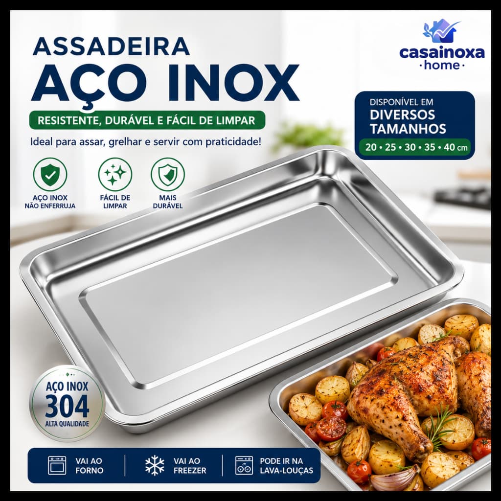 Assadeira Retangular Aço Inox Forma de Bolo Premium Vários Tamanhos