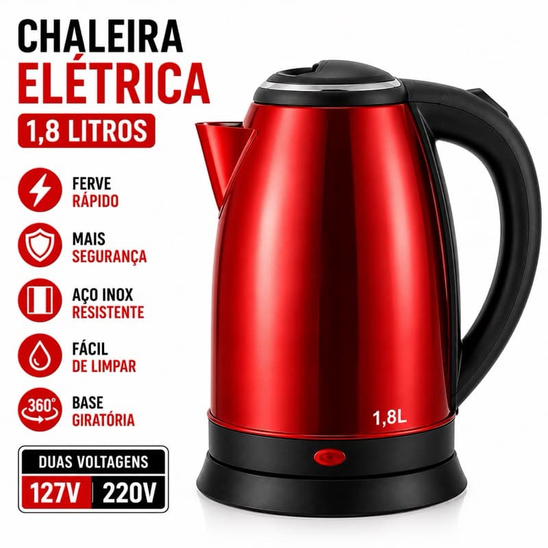 Chaleira Elétrica 1,8L Inox 127V ou 220V Jarra Termica Café Chá Água Quente