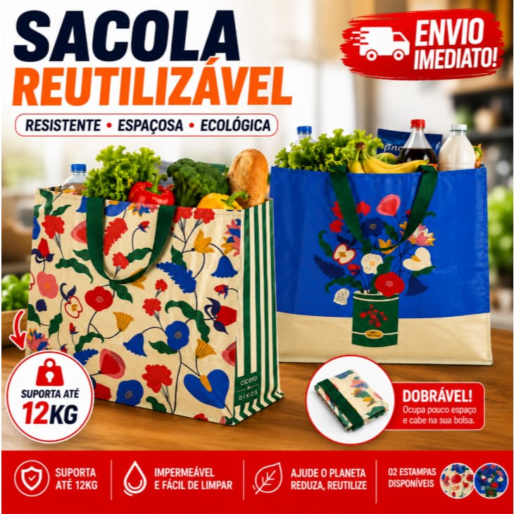 Kit Sacola Reutilizável Grande Dobrável para Feira Mercado Compras Resistente Suporta Até 12kg