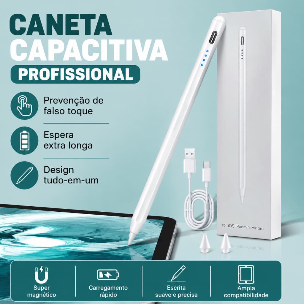 Caneta Capacitiva Profissional Para iPad Com Rejeição De Palma e Inclinação + 2 Pontas Extras