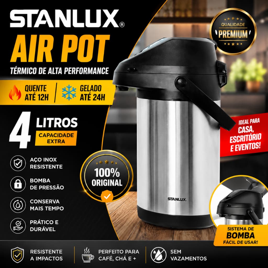 Garrafa Térmica 4 Litros Inox Quente e Frio com Alça Reforçada | Conserva Gelado 24h e Quente 12h