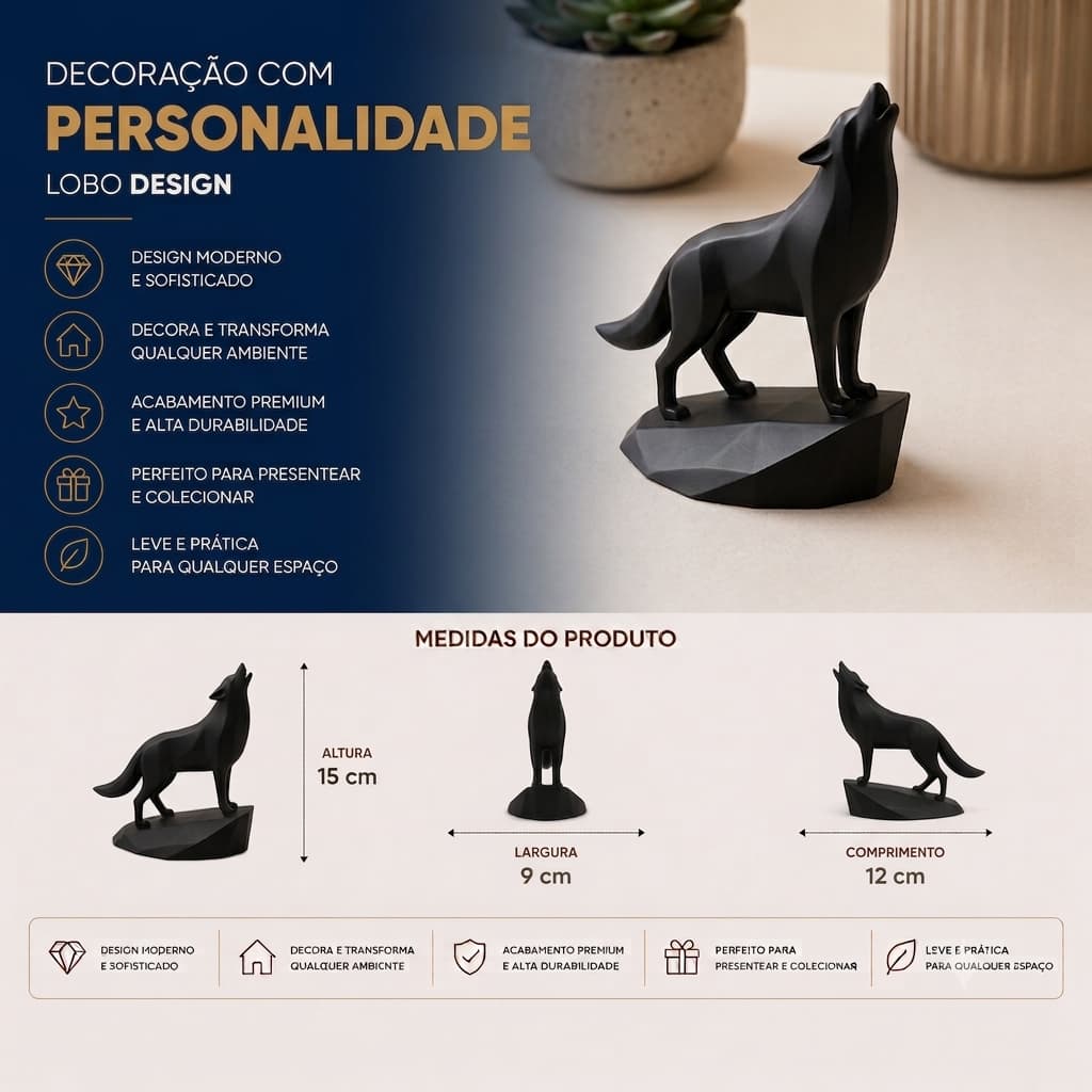 Estátua Lobo Decorativo Enfeite De Mesa Escultura Sala Quarto Escritório Moderno Elegante