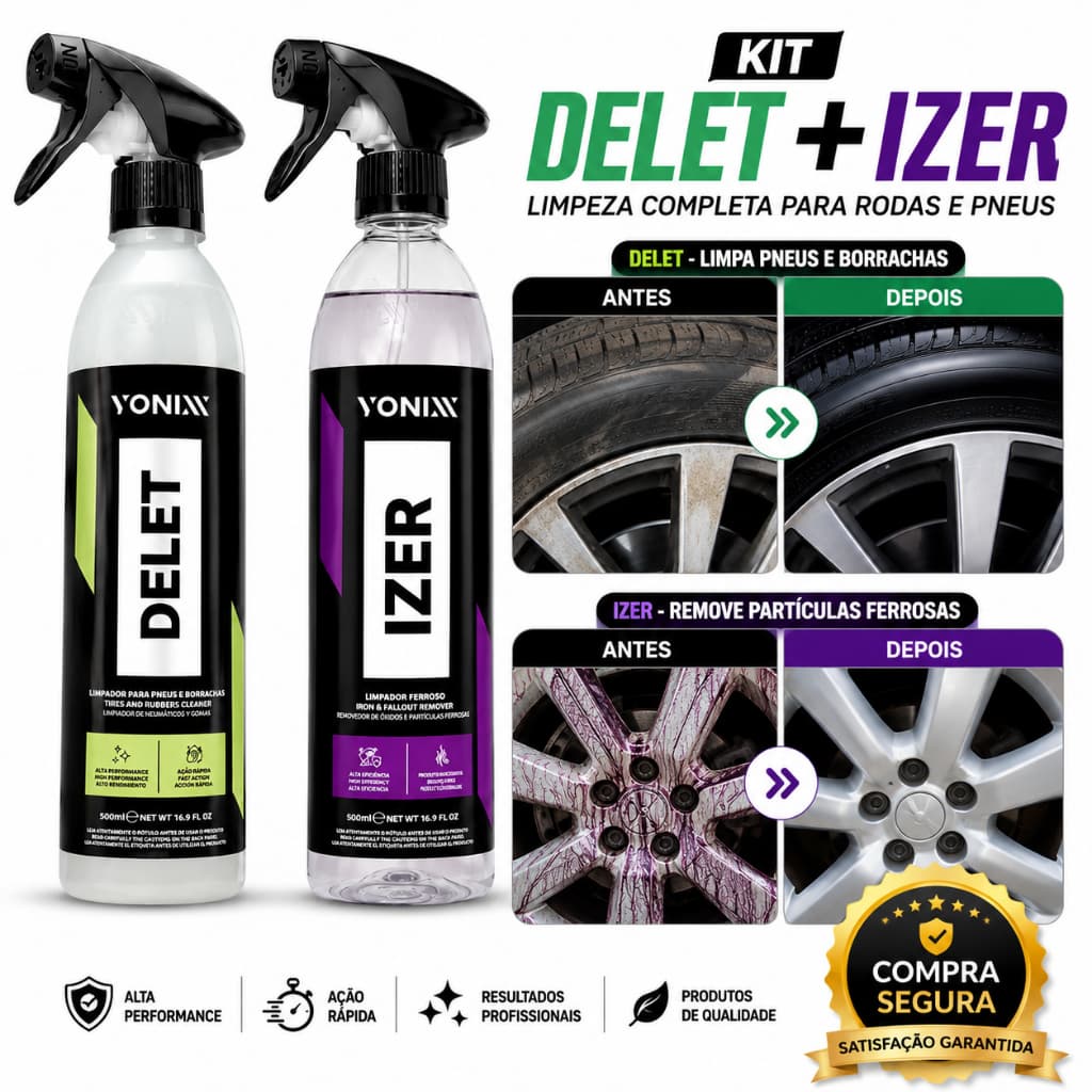 Kit Vonixx Izer 500ml + Delet 500ml Removedor de Partículas Ferrosas + Limpa Pneus, Rodas e Borracha