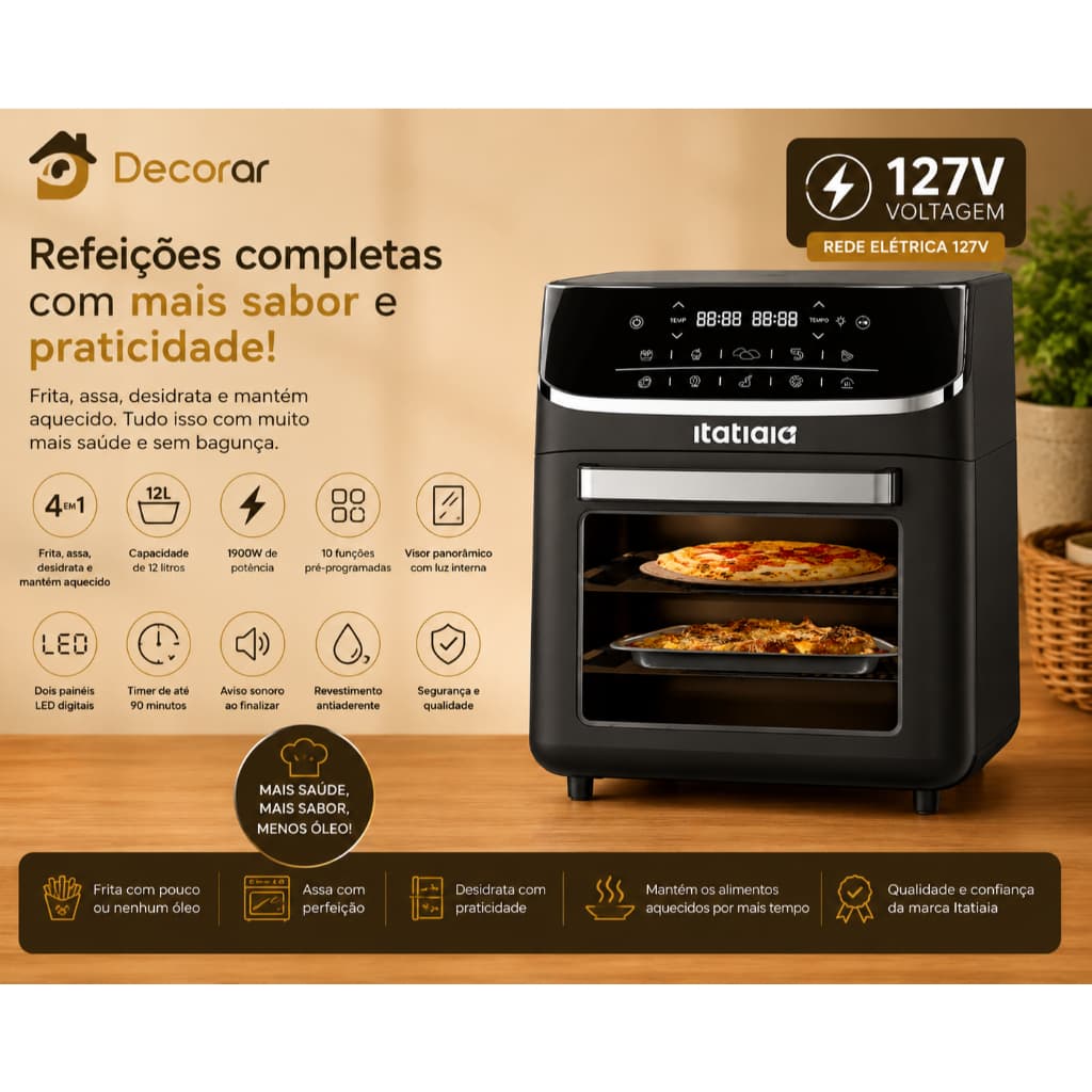 Air Fryer Oven Itatiaia 12L 110V Forno Elétrico Sem Óleo Digital Multifuncional Preto/Inox