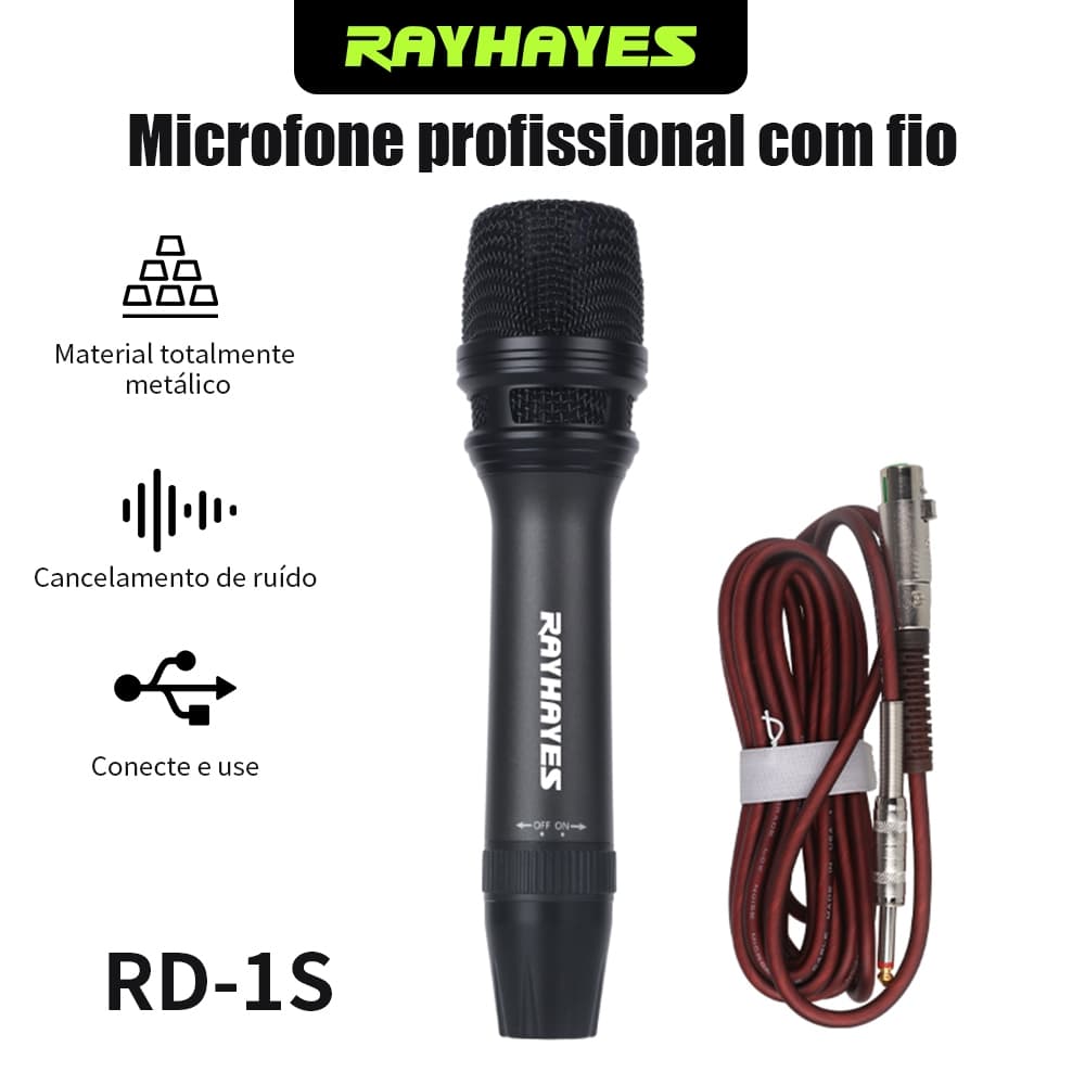 Microfone Dinâmico Metálico RAYHAYES com Cabo 5m XLR para Show Karaokê Mixer