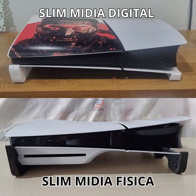 suporte Base para PlayStation 5 Slim  Horizontal modelo com Disco PS5 e midia ditigal play 5
