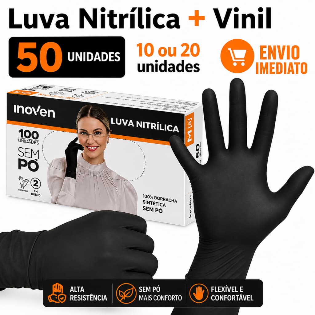 Luva Preta Vinil Nitrílica Sem Pó Descartável Alta Resistência