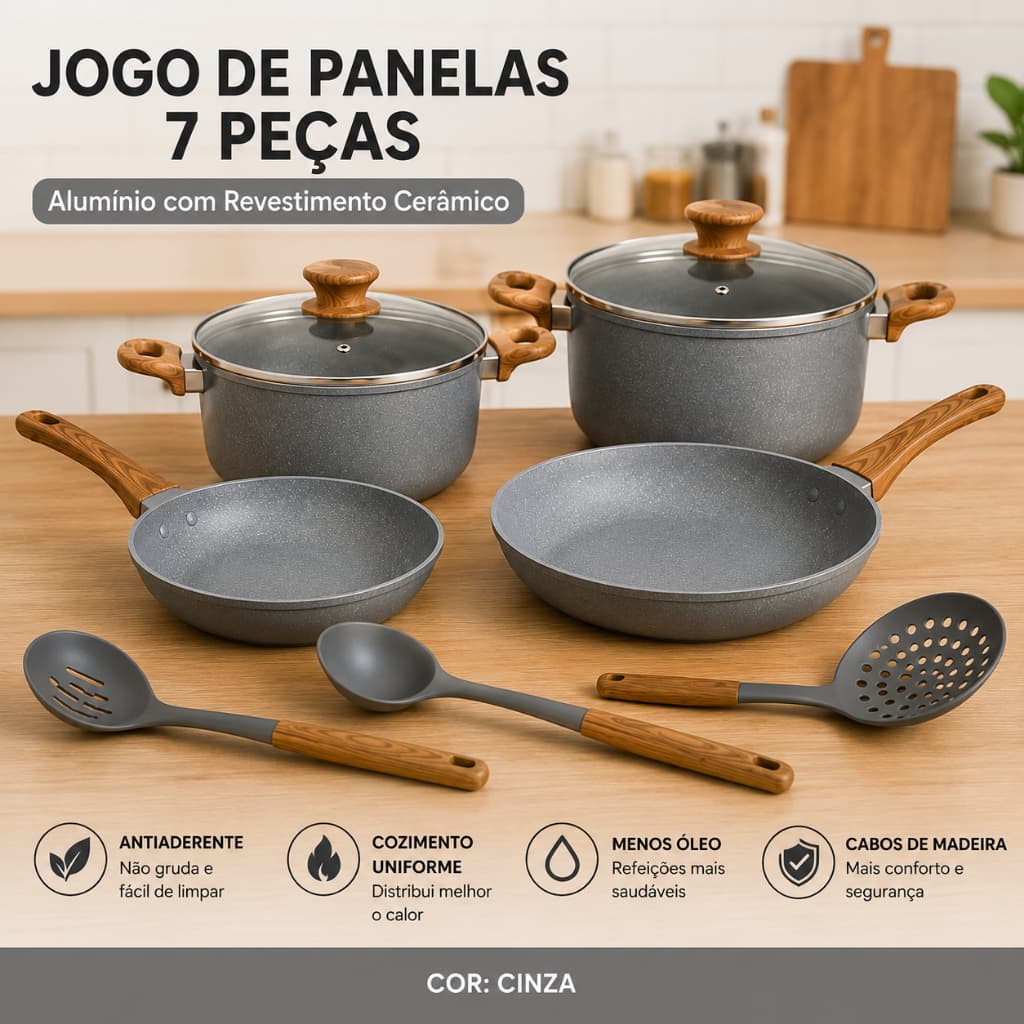 Kit de panelas antiaderentes 4 peças e 3 utensilios cozinha carne arroz ovos