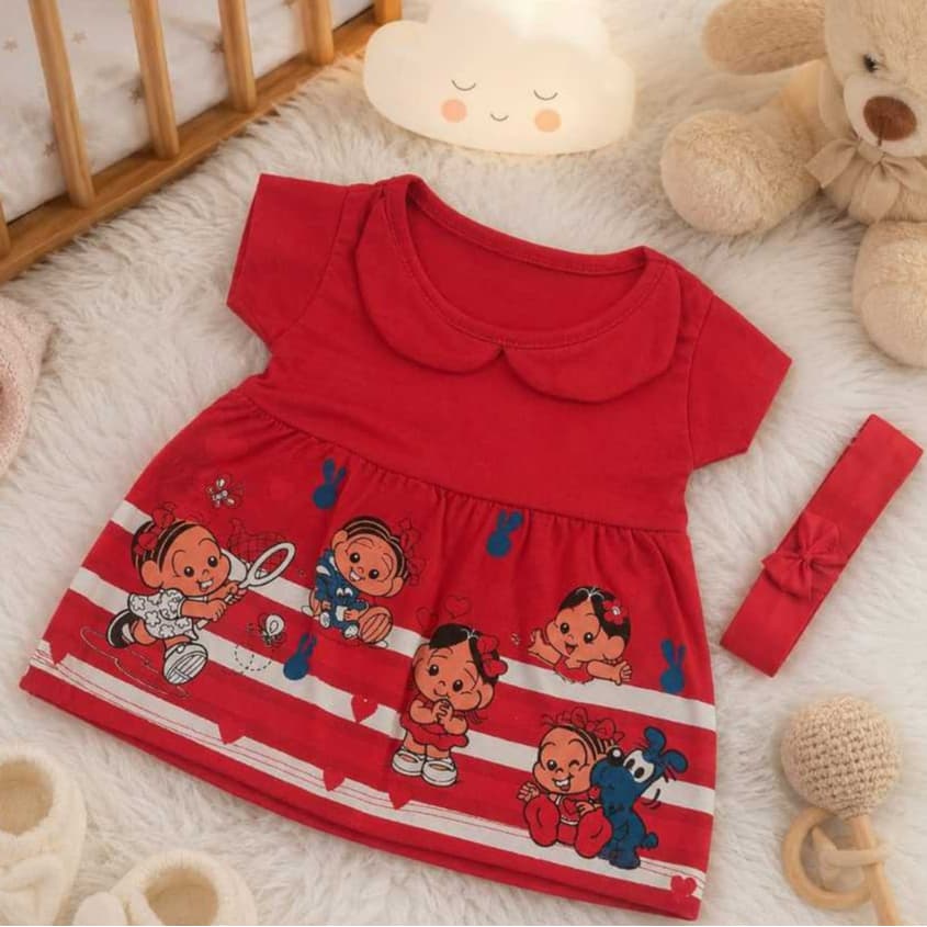 Vestido de Bebê Menina Temático Mesversário Turma Da Mônica com Faixa de Cabelo RN á 4 Meses