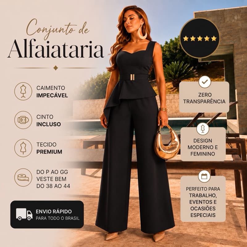 Conjunto Feminino Alfaiataria Premium Blusa Assimétrica Calça Pantalona Social Confortável Estilo P a GG