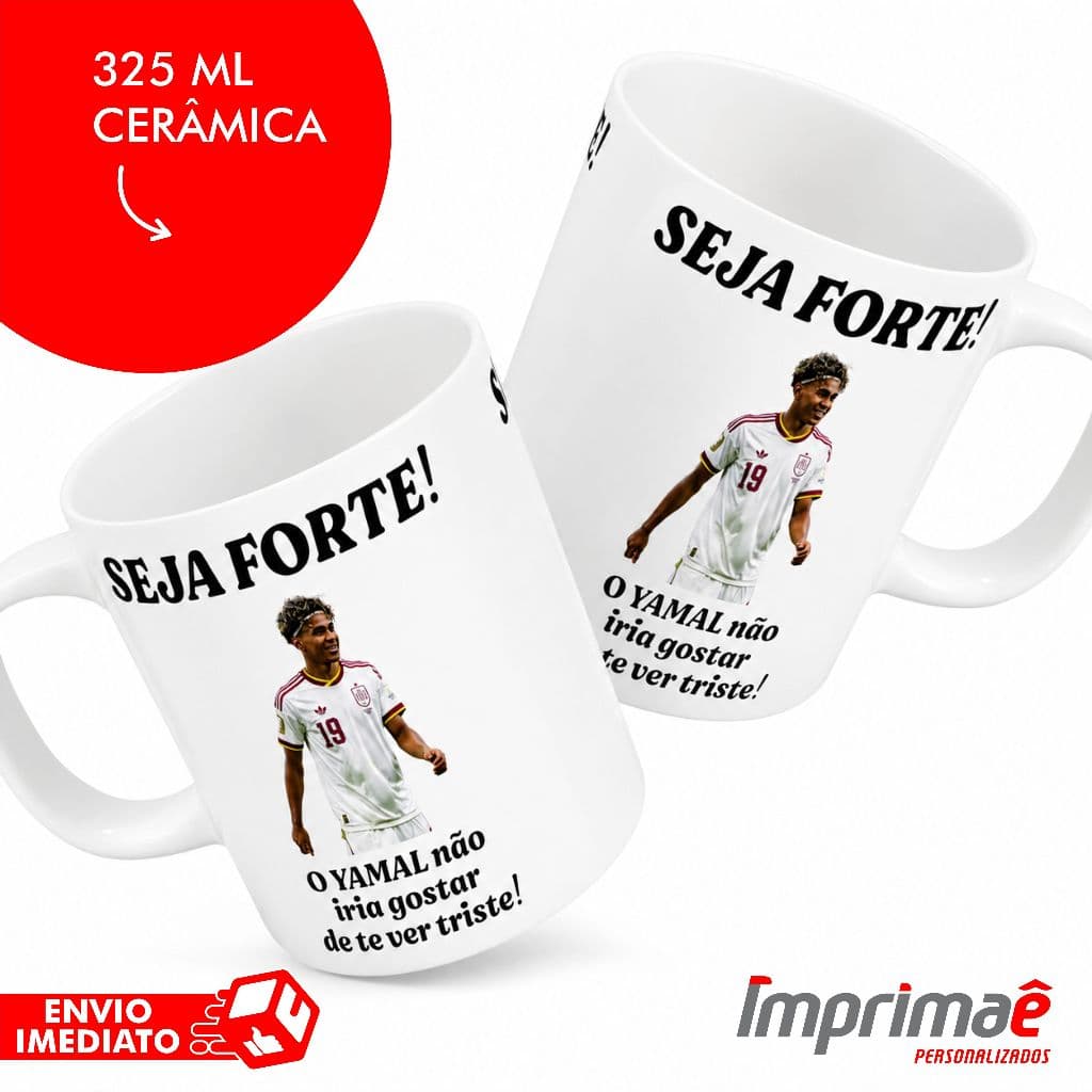 Caneca Lamine Yamal "Seja Forte!" 325ml em Cerâmica | Presente Criativo para Amigos e Fãs de Futebol