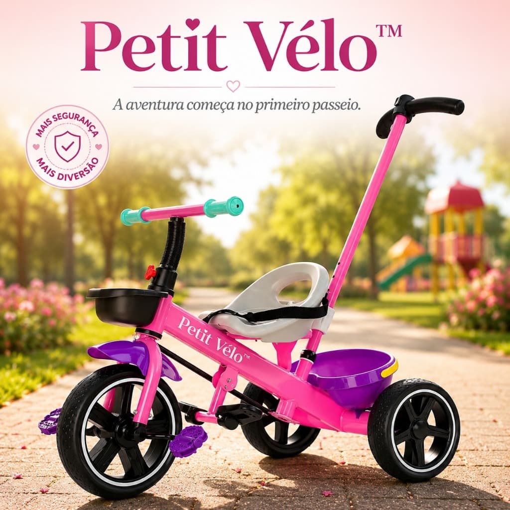 Triciclo Infantil Rosa com Empurrador Fácil Manuseio Assento Ajustável Rodas Antiderrapantes Estrutura Reforçada Até 25k