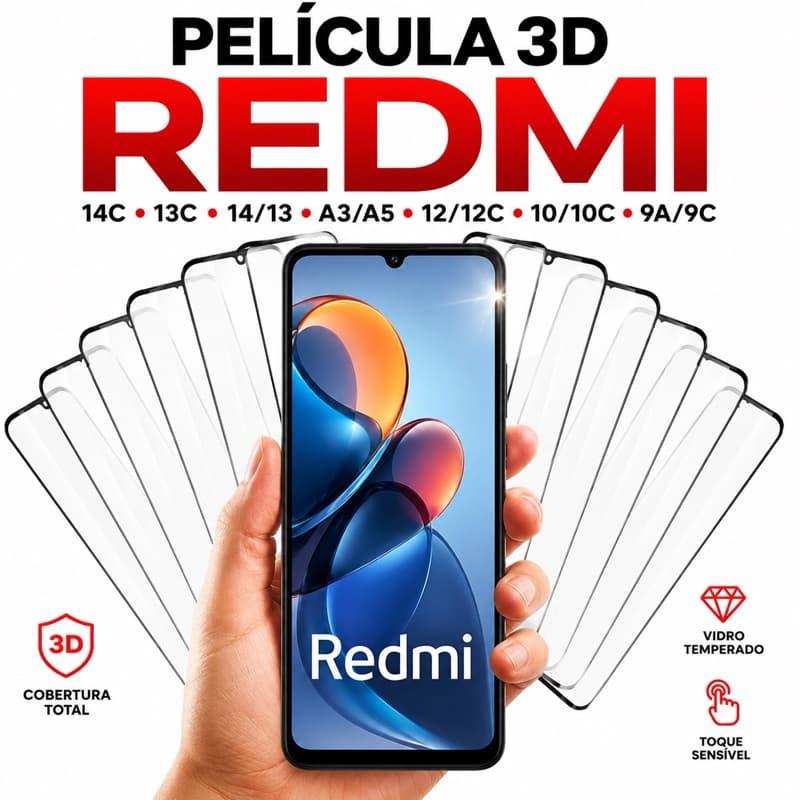 Película 3D Vidro Xiaomi Redmi 15 15C 14C 13C 13 A3 A5 12 12C 10 10C 9A 9C Tela HD