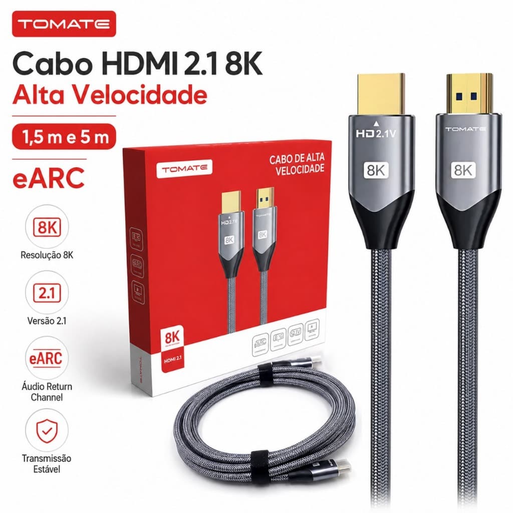 Cabo HDMI 2.1 8K Alta Velocidade 48Gbps eARC VRR Compatível PS5 Xbox TV Gamer Disponível em 1,5m e 5m Trançado Resistent