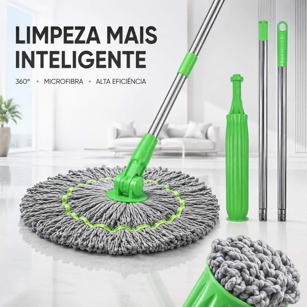 Mop Giratório 360° com Microfibra 50cm, Esfregão com Cabo Inox 140cm, Limpeza Fácil para Todos Pisos