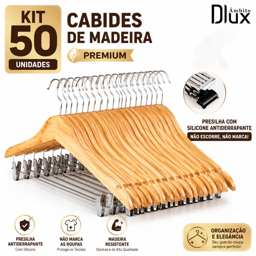 Ambito Dlux Kit 50 Cabides de Madeira Marfim com Presilha Premium Adulto Organizador Loja de Roupas