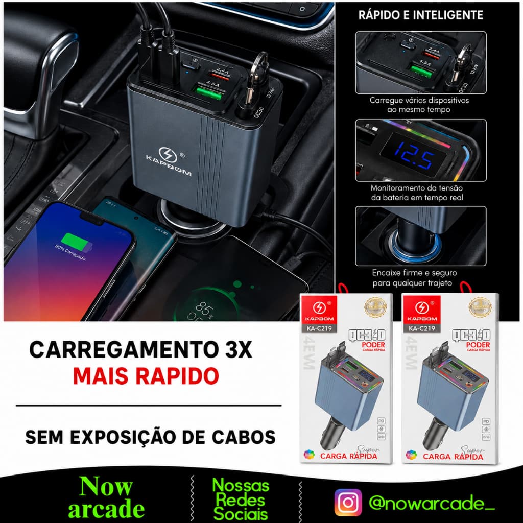 CARREGADOR TURBO PARA CARRO RETRATÍL EVITE FIOS EXPOSTOS