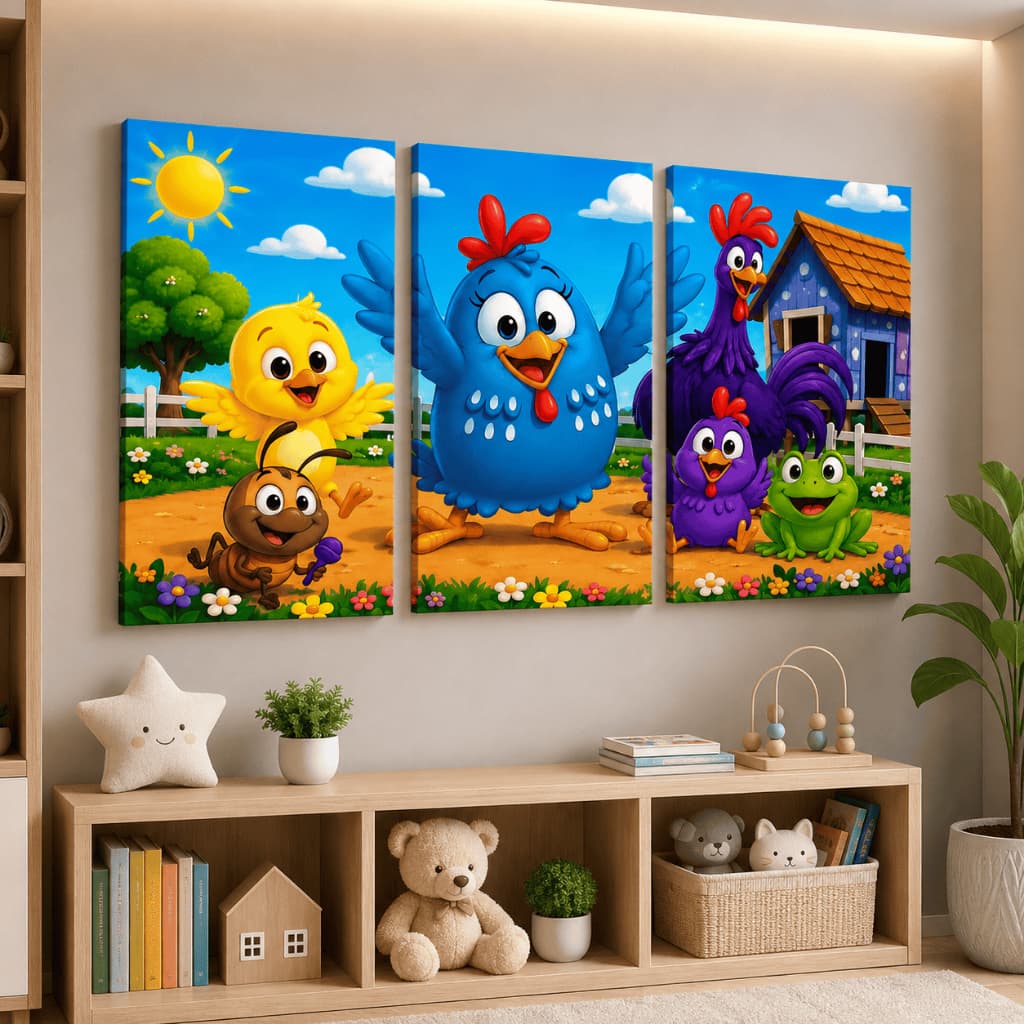 Quadro Decorativo Galinha Pintadinha Kit 3 Peças Infantil Colorido Quarto Bebê Premium