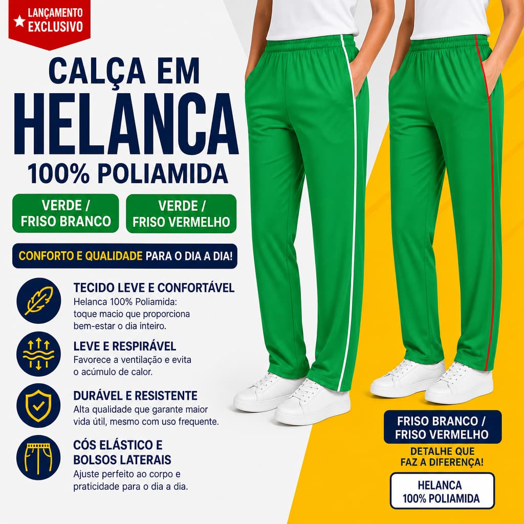 Calça Helanca 100% Poliamida Verde com Friso Branco ou Vermelho Unissex Confortável Premium Adulto e Infantil