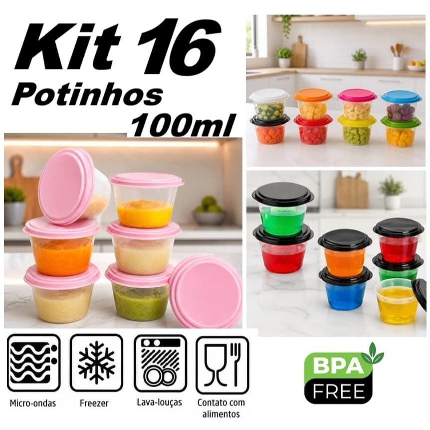 16 Potes Gelatina Papinha Livre BPA - Freezer e Microondas