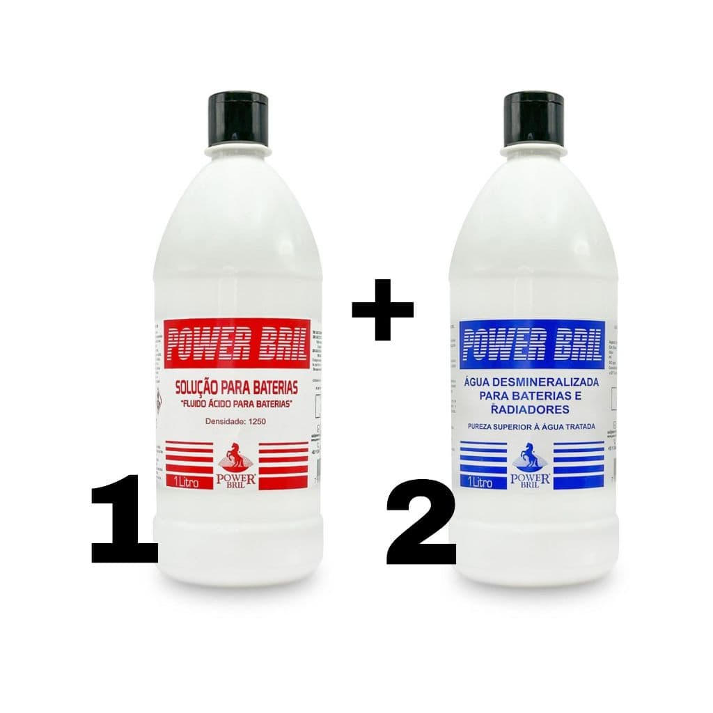 Kit Solução para Bateria 1L + 2 Águas Desmineralizadas 1L Power Bril Manutenção de Baterias Carro Caminhão