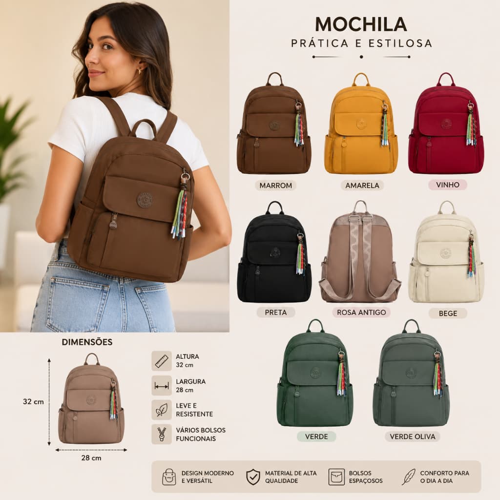 Mochila feminina nylon impermeável média casual  com ABA na frente