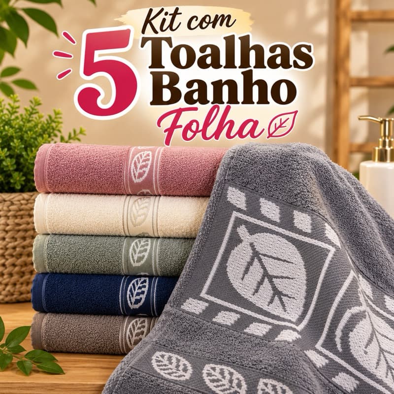 Kit com 5 Toalhas de Banho Folha 100% Algodão Gigante 1.40cm x 0.70cm