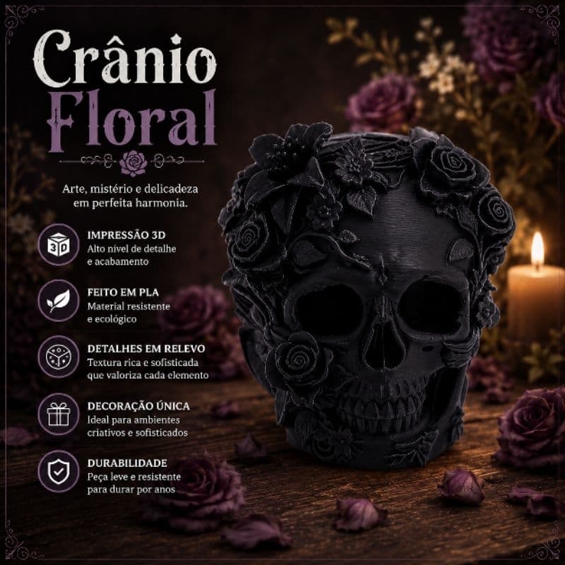 Crânio Floral – Decoração Gótica Sombria 🖤 | Decoração | Dark