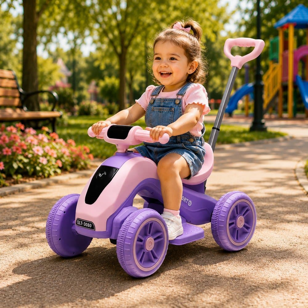 Moto elétrica infantil carrinho com empurrador quadriciclo - Azul ou lilas rosa  Roxa