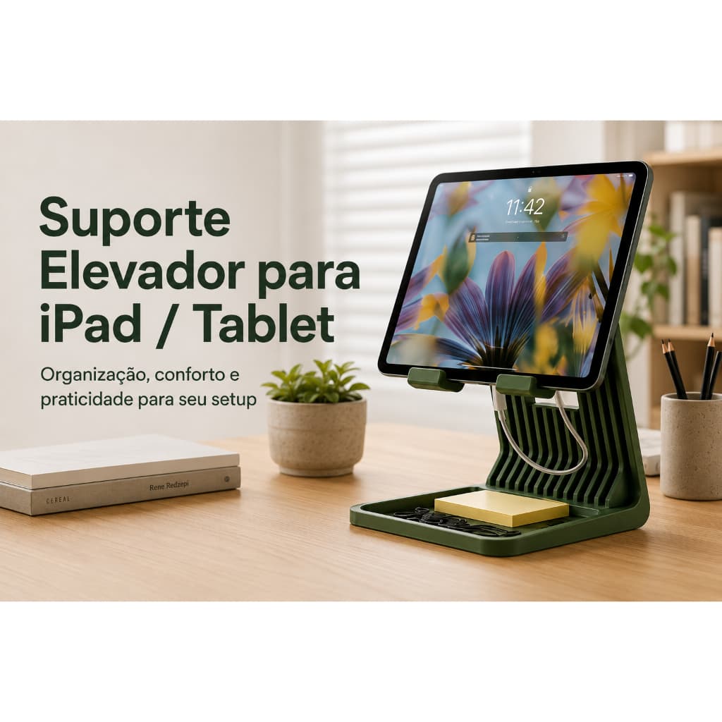 Suporte Elevador Ergonômico de Mesa para iPad e Tablet com Organizador e Passagem para Cabo
