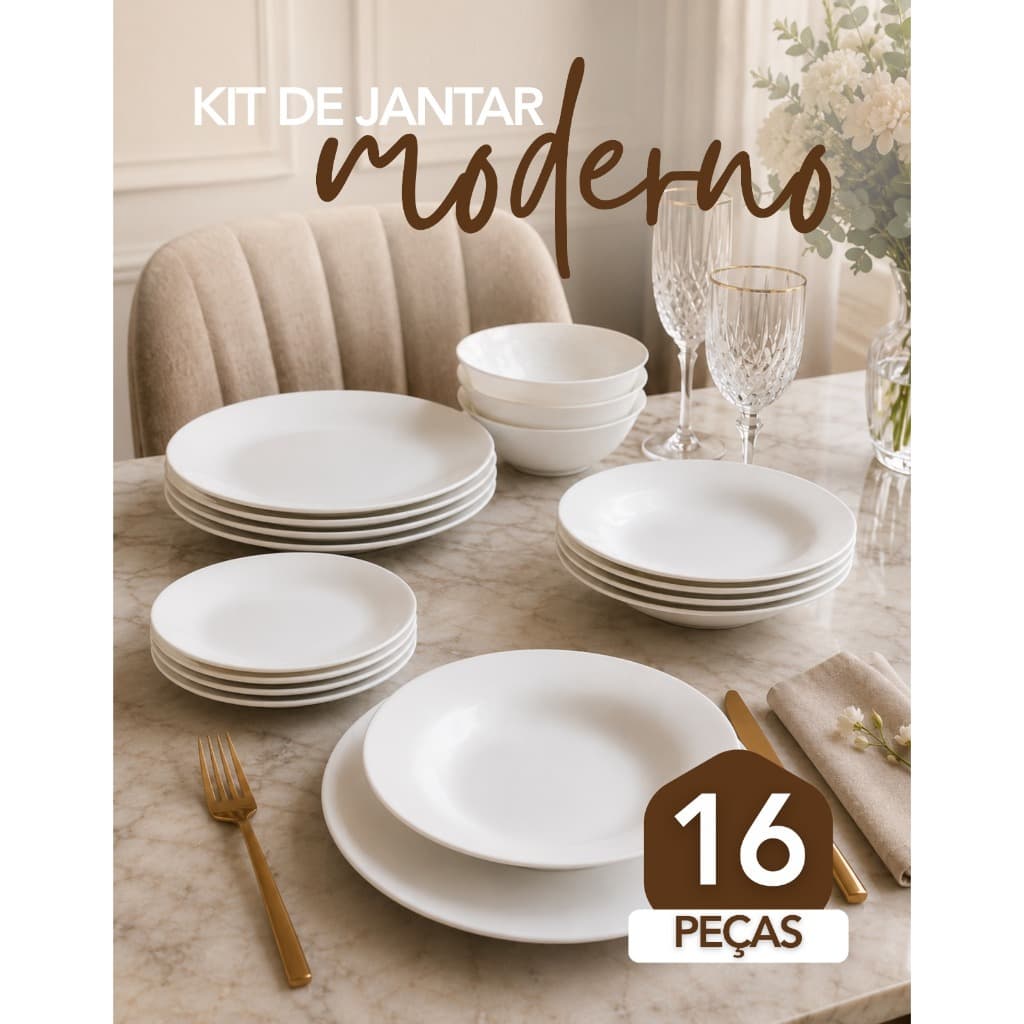 Aparelho De Jantar De 16 Peças Vidro Branco Liso Premium Pratos Bowl Luxo