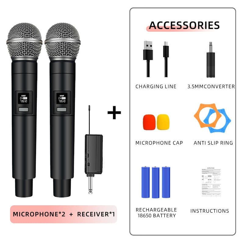 Kit 2 Microfones Dinâmicos UHF Sem Fio Recarregáveis Duplo Profissional para Karaokê Palco e Live