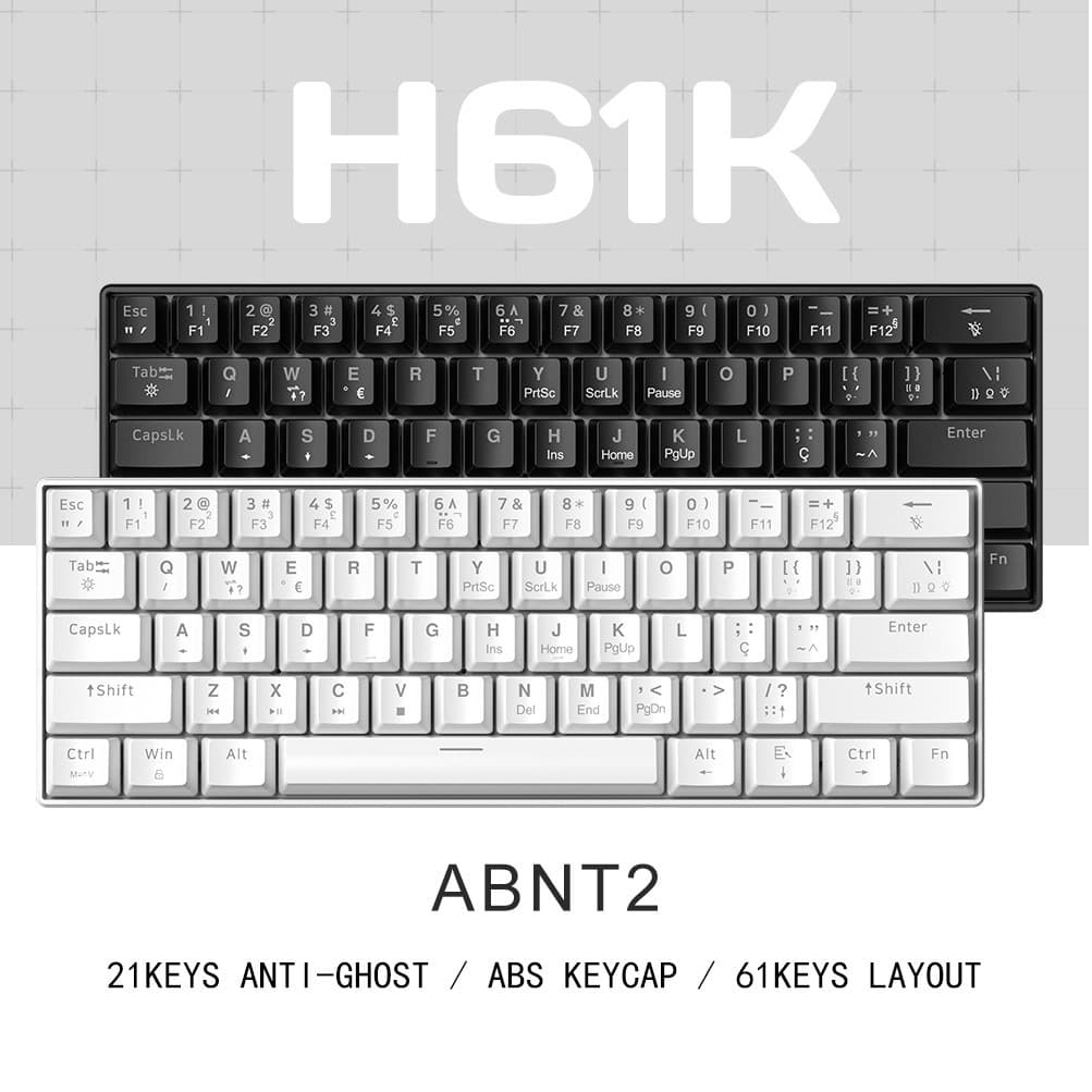 H61K Teclado mecânico 60% ABNT2 Gamer Switche Red/Blue Hot-Swap com Fio Double-Shot Ergonômico notebook pc Rainbow LED