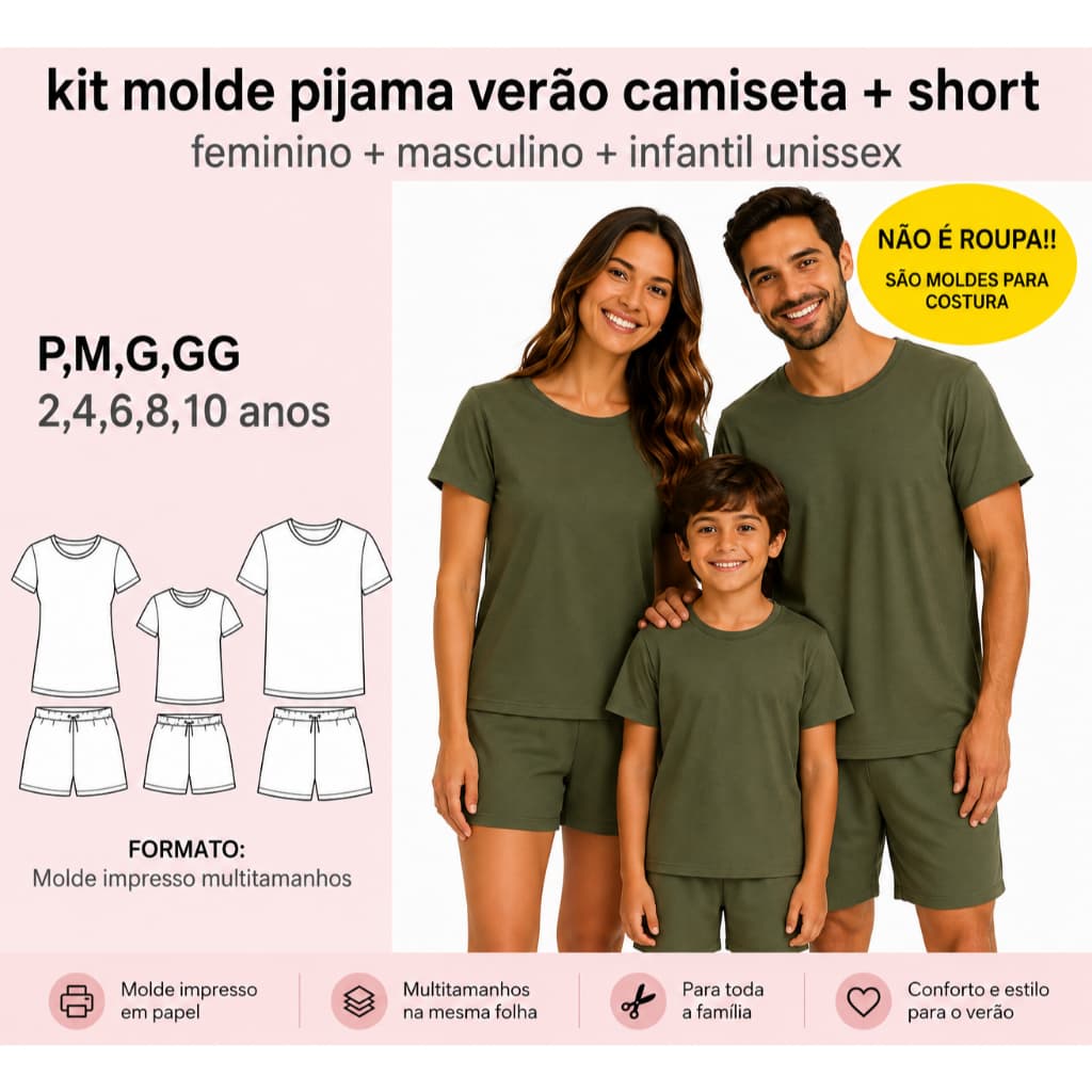 Kit Molde Pijama Verão Família Camiseta + Short Multitamanhos Feminino Masculino Infantil Unissex Impresso em Papel