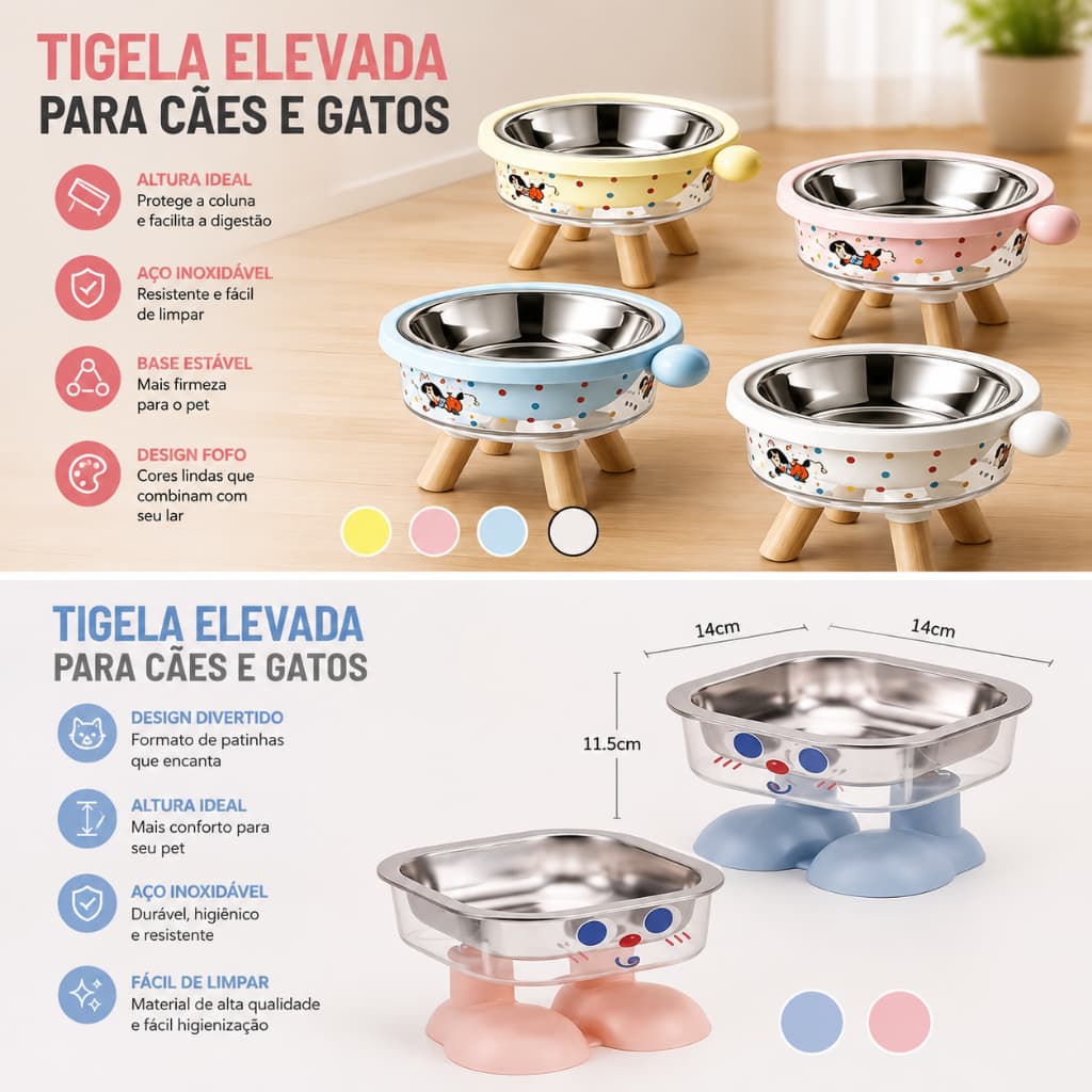 TIGELA COMEDOURO BEBEDOURO ELEVADO PET TIGELA REMOVÍVEL INOX PARA CACHORRO E GATO