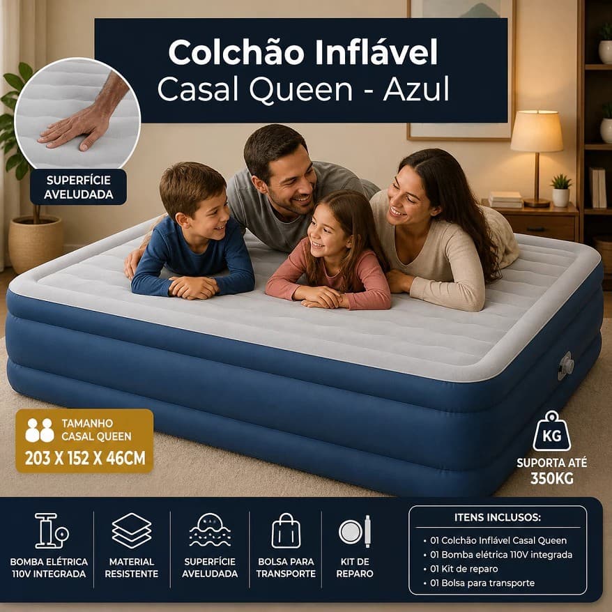 Colchão inflável Queen casal bomba elétrica integrada suporta 350 kg azul infla sozinho