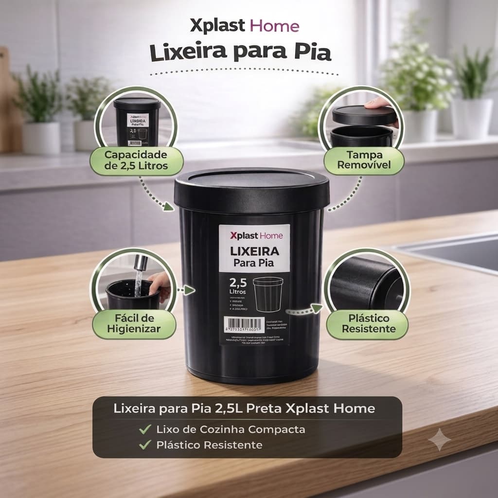 Lixeira para Pia 2,5L Preta Xplast Home | Lixo de Cozinha Compacta | Plástico Resistente