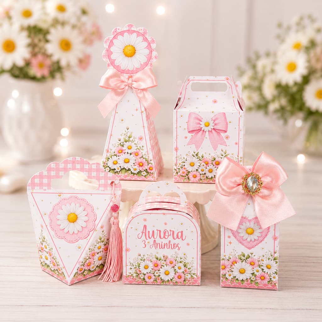 Caixinhas Personalizadas Margaridas para lembrancinha de aniversário com nome e idade