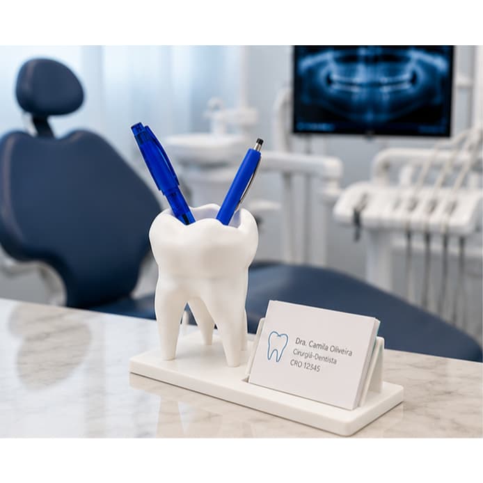 Organizador de Mesa Odontológico Porta Canetas e Cartão de Visita Formato Dente