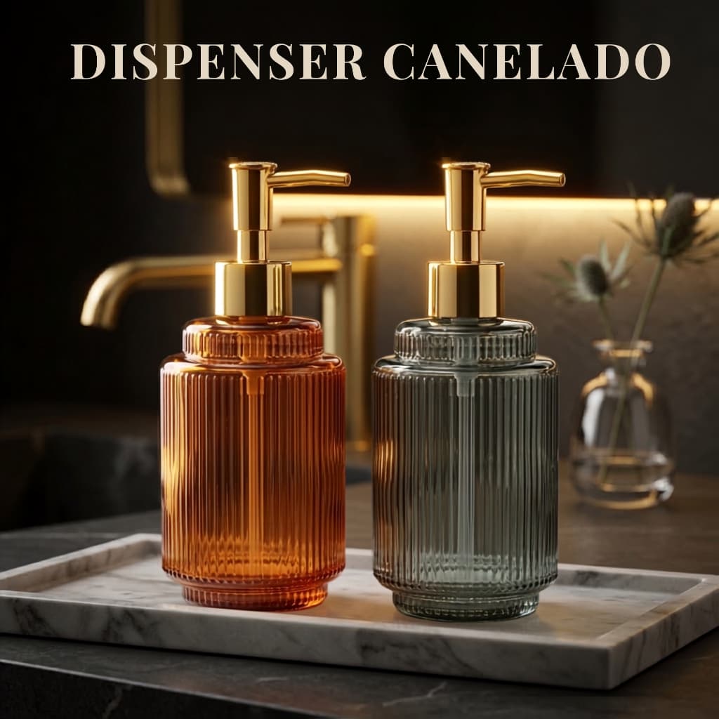 Dispenser Sabonete Líquido Vidro Canelado 350ml Bomba Dourada Porta Sabonete Banheiro Lavabo Âmbar