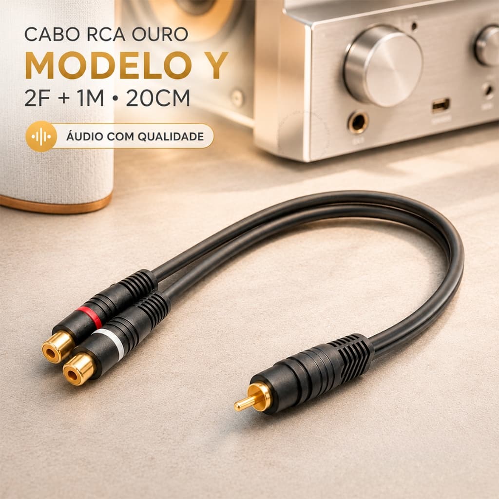 Cabo RCA Y Ouro 2 Fêmea 1 Machos Som Automotivo Módulo Amplificador 20cm Resistente