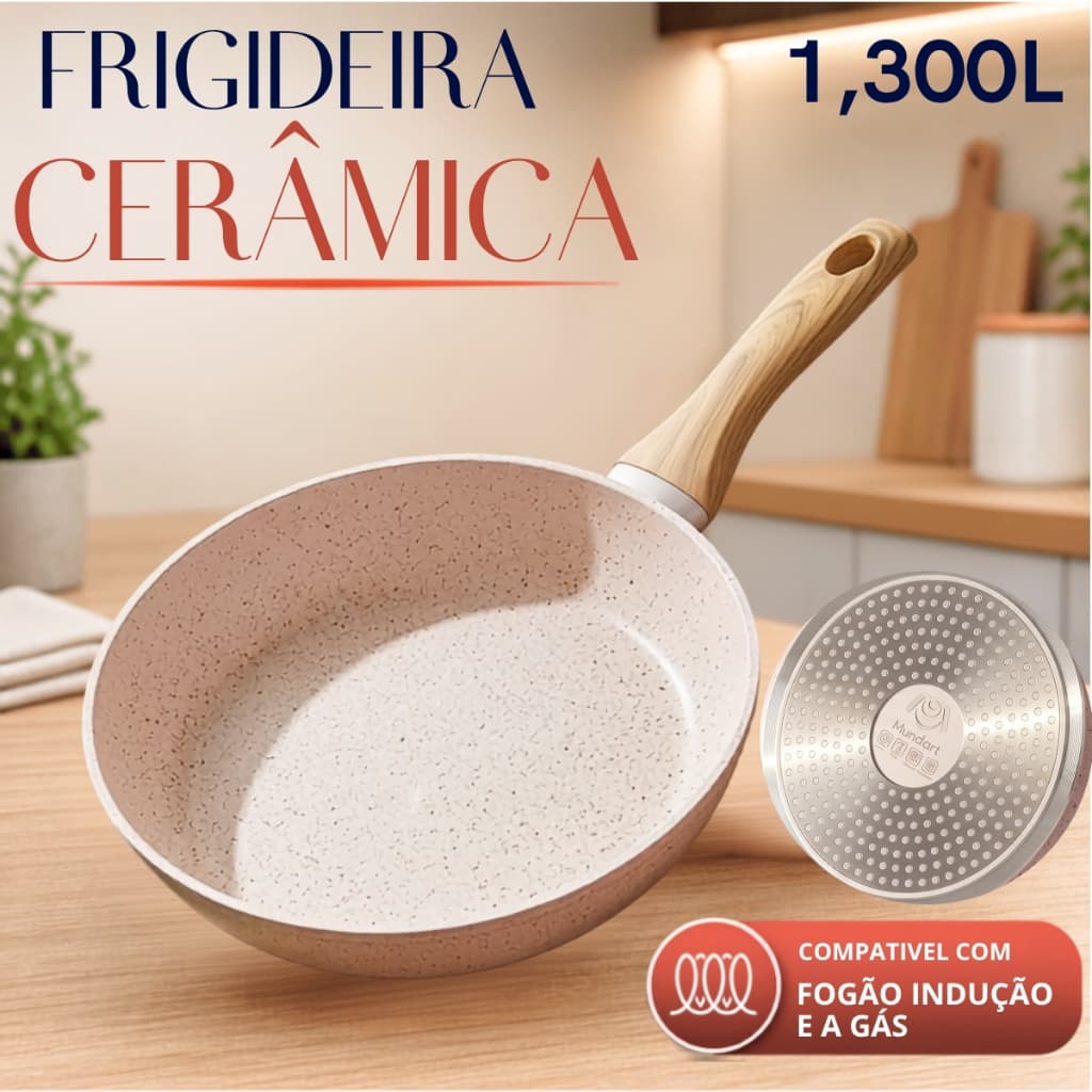 Frigideira de Cerâmica Antiaderente 24cm 1,3L  2,5 milímetros de espessura serve à Indução e Gás, Cabo Térmico Silicone