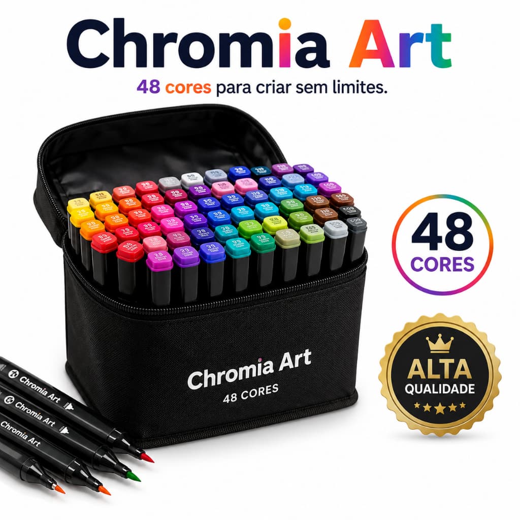 Kit Canetas Hidrográficas 48 Cores Estojo Organizador Ponta Fina Chromia Art Desenho Lettering Escolar