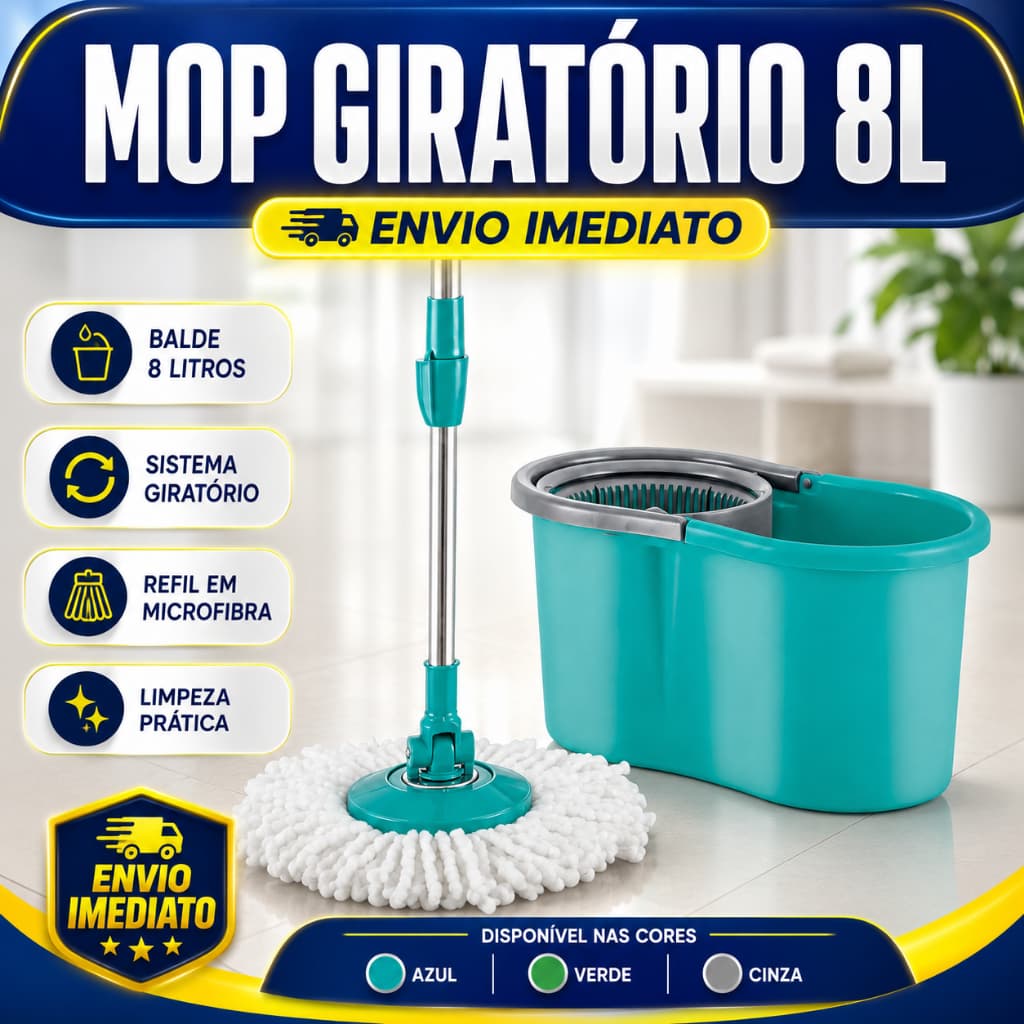 Mop desaguador automático giratório 360° Cabo aço Inox Cesto aço Inox com Balde 8 Litros