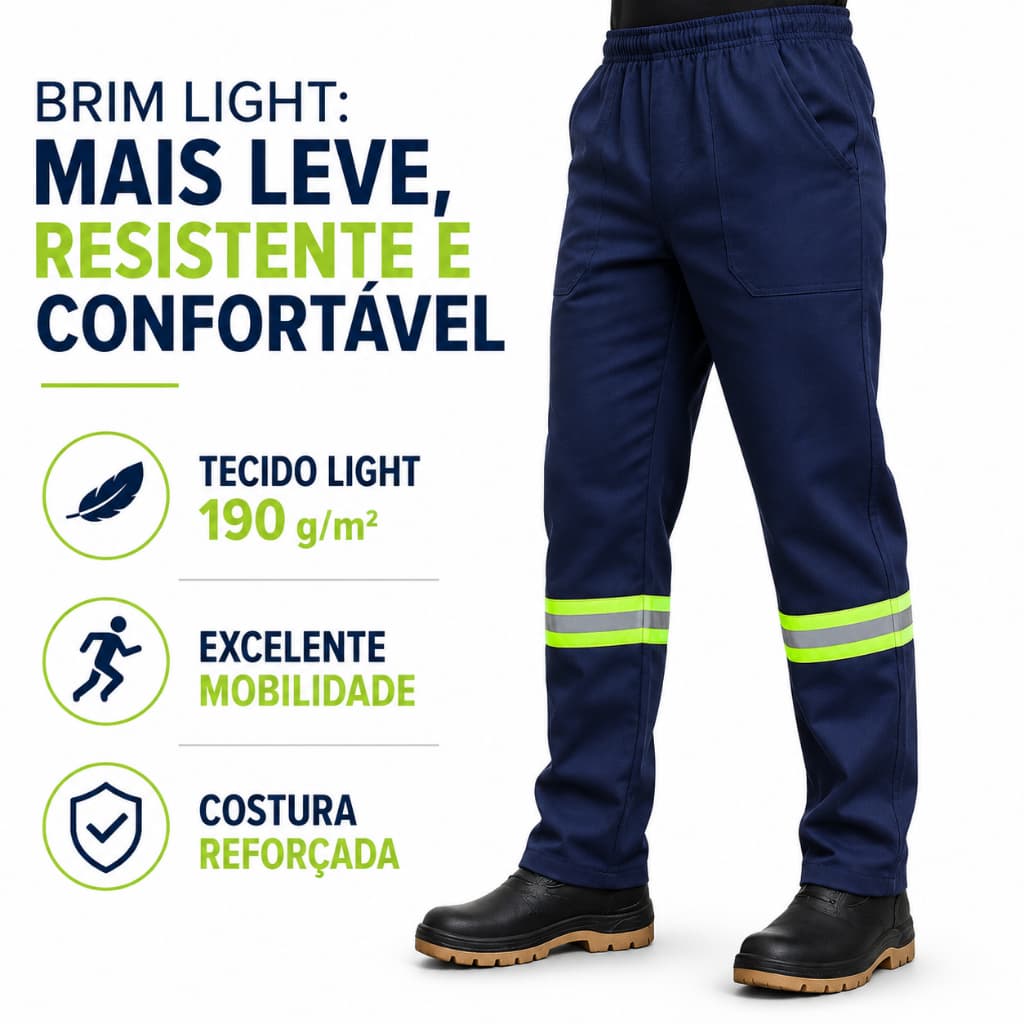 Calça com Faixa Refletiva Brim Light Mais Fino Reforçada Uniforme para Trabalho Obras Rodovias