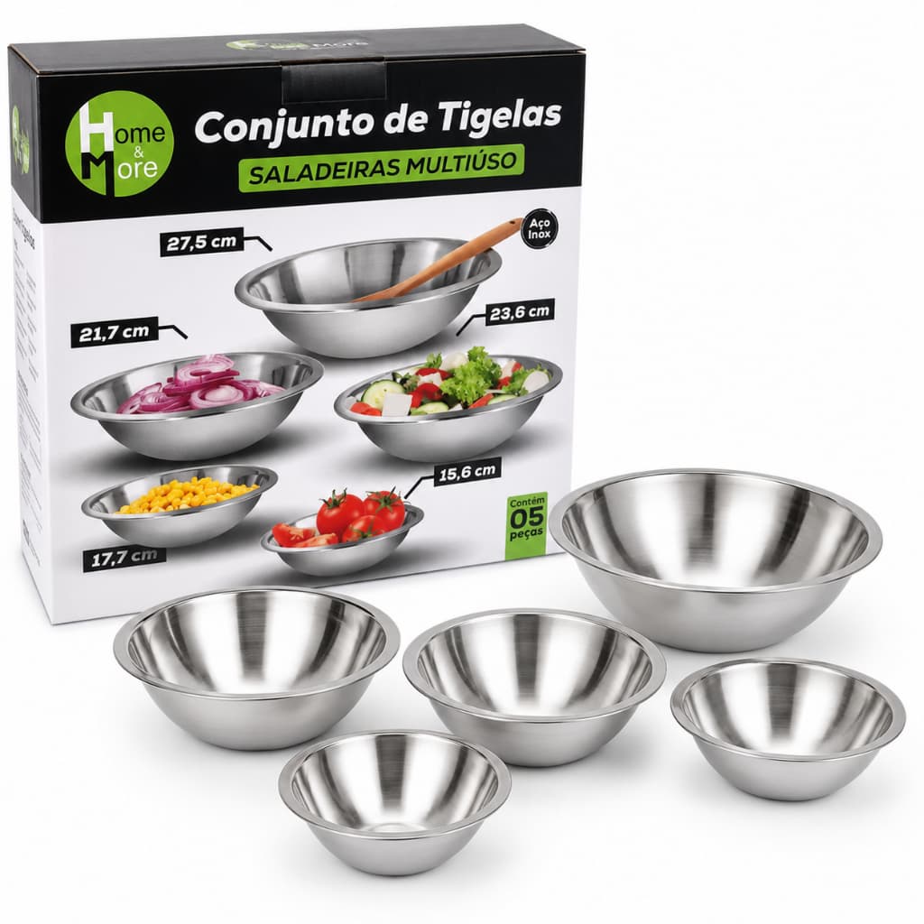 Jogo Bowl Inox 5 Peças Inox Empilhável Tigela 15cm 17cm 21cm 23cm 27cm Gamela Bacia Cozinha