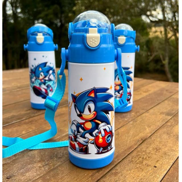 Garrafinha Térmica Personalizada Sonic Com Nome Alça e Canudo 350ml Garrafinha termica infantil Sonic com nome